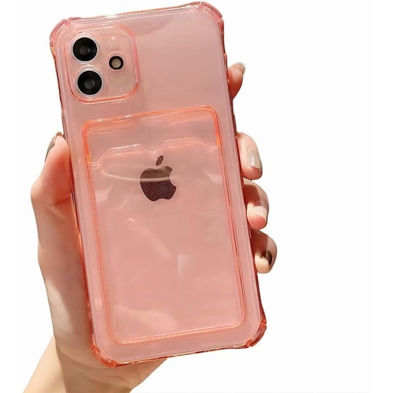 for iPhone Case,Cute 4 Corners Airbag Clear with Card Holder Camera Lens Protection Shockproof Phone Case (Pink,iPhone 11)