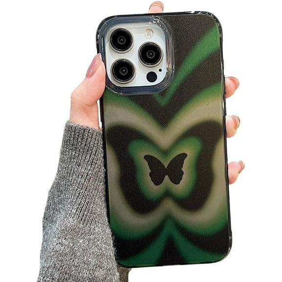 for iPhone Case,Cute Butterfly Pattern Crystal Frame ElectroPlated Buttons Soft Shockproof Phone Case (Green,iPhone 15 Pro Max)
