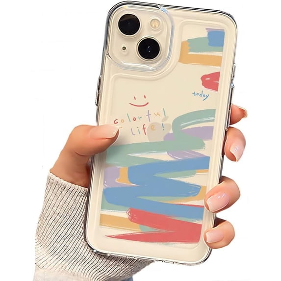 for iPhone Case,Cute Colorful Graffiti Clear Camera Lens Protection Shockproof Cover Phone Case (iPhone 14 Plus,White)