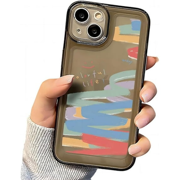 for iPhone Case,Cute Colorful Graffiti Clear Camera Lens Protection Shockproof Cover Phone Case (iPhone 15 Plus,Black)