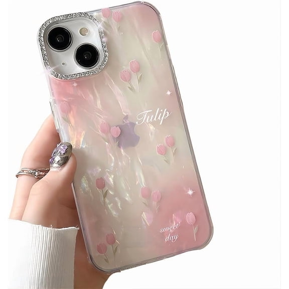 for iPhone Case,Cute Crystal Bling Glitter Pearl Tulip Pattern Camera Lens Protection Soft Shockproof Phone Case (Pink,iPhone 14)