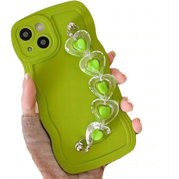 for iPhone Case,Cute Curly Wave Frame with with Heart Beaded Lanyard Camera Lens Protection Soft Shockproof Phone Case (Green,iPhone 13 Pro)