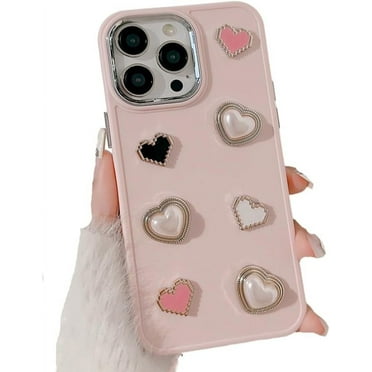 for iPhone Case,Cute Diamend Rhinestone Pearl Love Heart Camera Lens Protection Soft Shockproof Phone Case (Pink,iPhone 13 Pro)