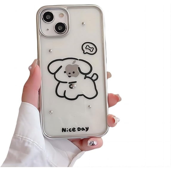 for iPhone Case,Cute ElectroPlated Frame Simple Dog Cat Pattern Clear Soft Shockproof Phone Case (Kitty,iPhone 14 Pro)