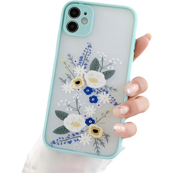 for iPhone Case,Cute Flower Pattern Soft Matte Touch Camera Lens Protection Soft Shockproof Phone Case (Blue,iPhone 11)