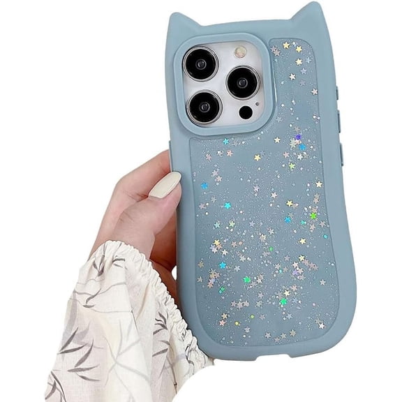 for iPhone Case,Cute Glitter Sparkle Sparkly Silicone Cat Ear Shape Camera Lens Protection Soft Shockproof Phone Case (Blue,iPhone 15)