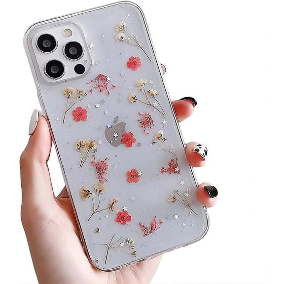 for iPhone Case,Cute Glitter Sparkle Sparkly Silicone with Pressed Real Flowers Soft Shockproof Phone Case (Red,iPhone 11)