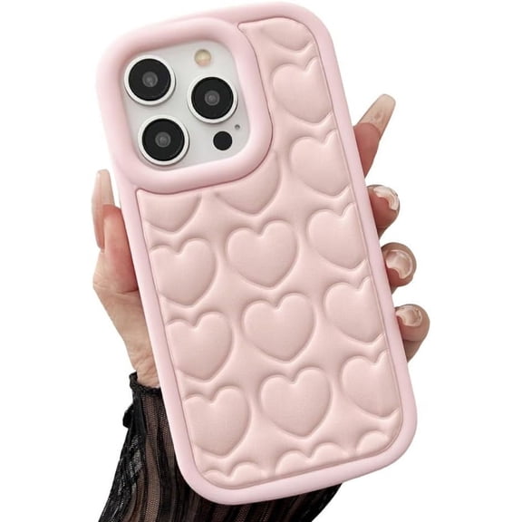for iPhone Case,Cute Love Heart Embossed Pattern Heavy Duty Soft Silicone Soft Shockproof Cover Phone Case (Pink,iPhone 14)