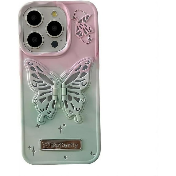 for iPhone Case,Cute Skin Touch Gradient 3D Butterfly Kickstand Shockproof Phone Case (Green,iPhone 13 Pro Max)