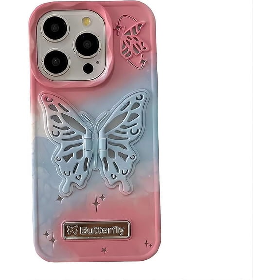 for iPhone Case,Cute Skin Touch Gradient 3D Butterfly Kickstand Shockproof Phone Case (Pink,iPhone 15)