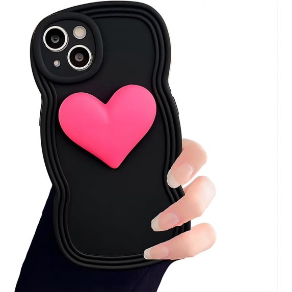 for iPhone Case,Cute Water Wave Shape Frame 3D Love Heart Camera Lens Protection Soft Shockproof Phone Case (Black,iPhone 14)