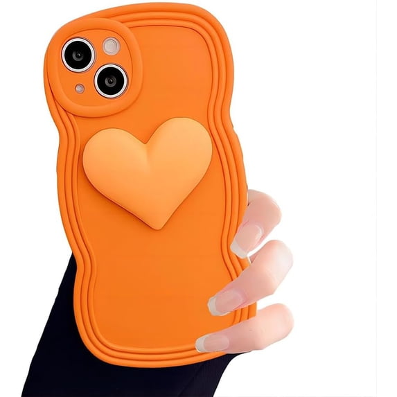 for iPhone Case,Cute Water Wave Shape Frame 3D Love Heart Camera Lens Protection Soft Shockproof Phone Case (Orange,iPhone 15)