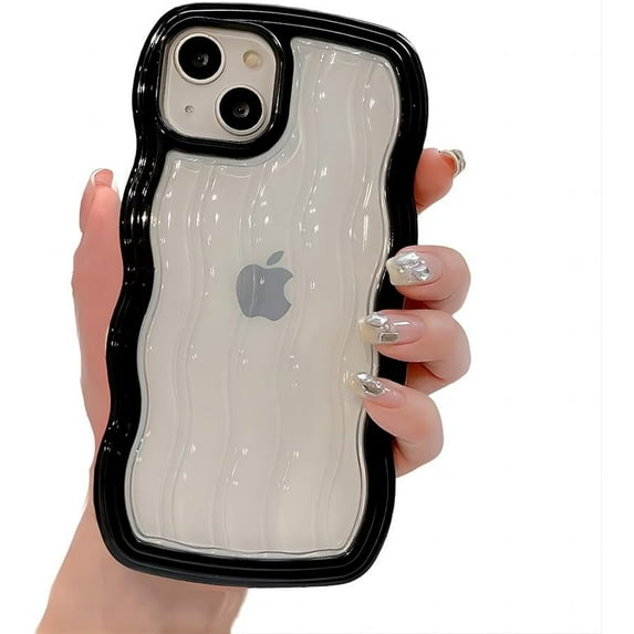 for iPhone Case,Cute Water Wave Shape Frame Clear Camera Lens Protection Soft Shockproof Phone Case (Black,iPhone 12)