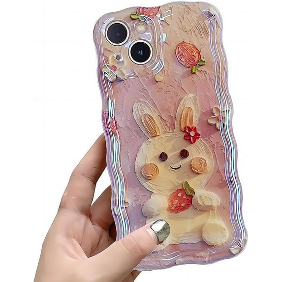 for iPhone Case,Cute Wave Shape Frame Blu-ray Bunny Floral Pattern Camera Lens Protection Shockproof Cover Phone Case (Pink,iPhone 11 Pro Max)