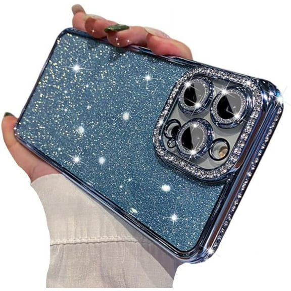 for iPhone Case,Glitter Crystal Diamend Rhinestone Sparkle Sparkly Bumper Camera Lens Protection Soft Shockproof Phone Case (Blue,iPhone 13 Pro Max)