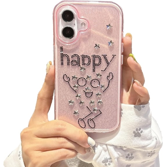 for iPhone Case, Glitter Diamond Star Cartoon Happy Smile Face Clear Soft Phone Case (Pink, for iPhone 12 Pro Max)