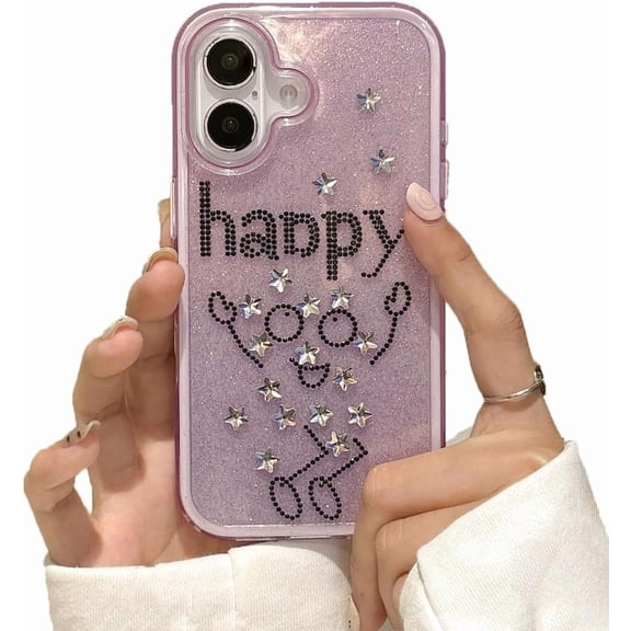 for iPhone Case, Glitter Diamond Star Cartoon Happy Smile Face Clear Soft Phone Case (Purple, for iPhone 13)