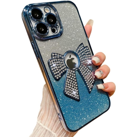 for iPhone Case,Glitter Sparkle Sparkly Gradient Bow Bumper Camera Lens Protection Soft Shockproof Phone Case (Blue,iPhone 13)