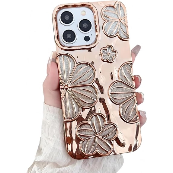 for iPhone Case,Luxury 3D Flower Hollow Floral ElectroPlated Gradient Bumper Camera Lens Protection Soft Shockproof Phone Case (Gold,iPhone 13 Pro)