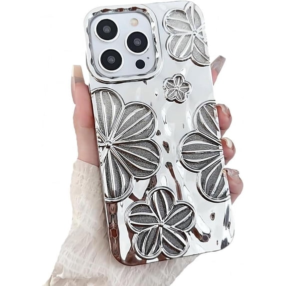 for iPhone Case,Luxury 3D Flower Hollow Floral ElectroPlated Gradient Bumper Camera Lens Protection Soft Shockproof Phone Case (Silver,iPhone 14)