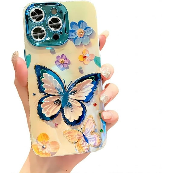 for iPhone Case,Luxury Blu-ray Glitter Butterfly ElectroPlated Camera Lens Protection Shockproof Phone Case (Blue,iPhone 13 Pro)