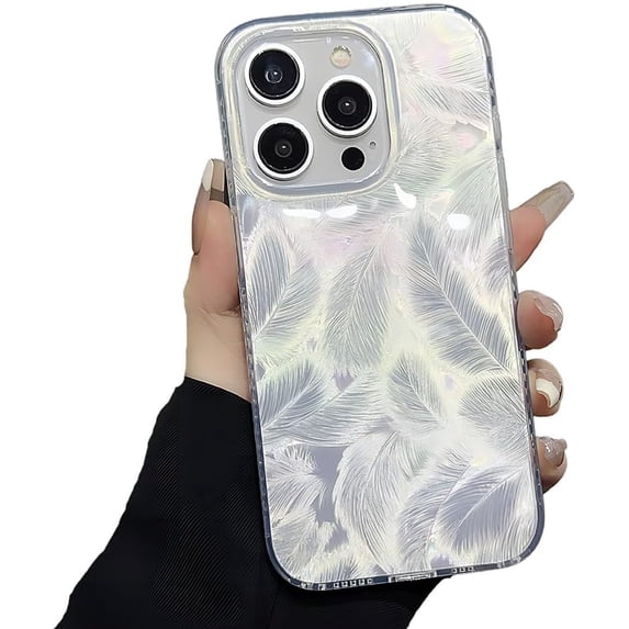for iPhone Case,Luxury Colorful Blu-ray Feather Glossy Bumper Silicone Camera Lens Protection Soft Shockproof Phone Case (White,iPhone 14 Pro)