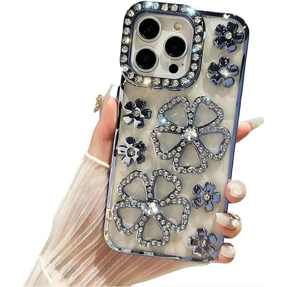for iPhone Case,Luxury Crystal Bling Glitter Clear Flower Camera Lens Protection Soft Shockproof Phone Case (Blue,iPhone 15)
