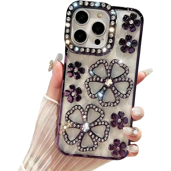 for iPhone Case,Luxury Crystal Bling Glitter Clear Flower Camera Lens Protection Soft Shockproof Phone Case (Purple,iPhone 12 Pro Max)