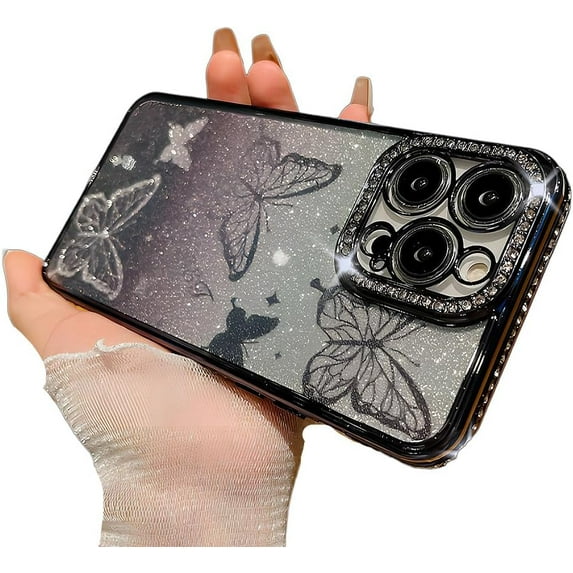 for iPhone Case,Luxury Crystal Diamend Rhinestone Glitter Sparkle Sparkly Butterfly Pattern Soft Shockproof Phone Case (Black,iPhone 13 Pro)