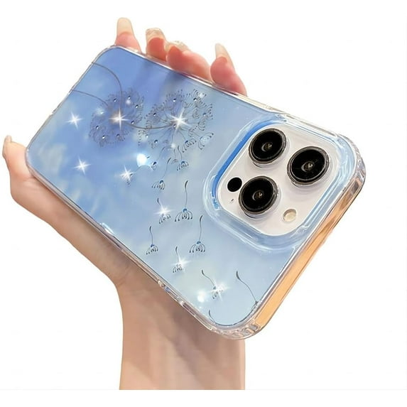 for iPhone Case,Luxury Crystal Diamend Rhinestone Glitter Sparkle Sparkly Dandelion Pattern Soft Shockproof Phone Case (Blue,iPhone 15 Pro)