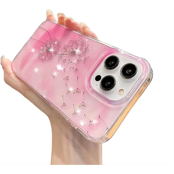 for iPhone Case,Luxury Crystal Diamend Rhinestone Glitter Sparkle Sparkly Dandelion Pattern Soft Shockproof Phone Case (Pink,iPhone 13 Pro)