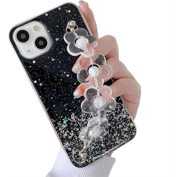 for iPhone Case,Luxury Crystal Glitter Sparkle Sparkly with Floral Hand Bracelet Soft Shockproof Phone Case (Black,iPhone 15)