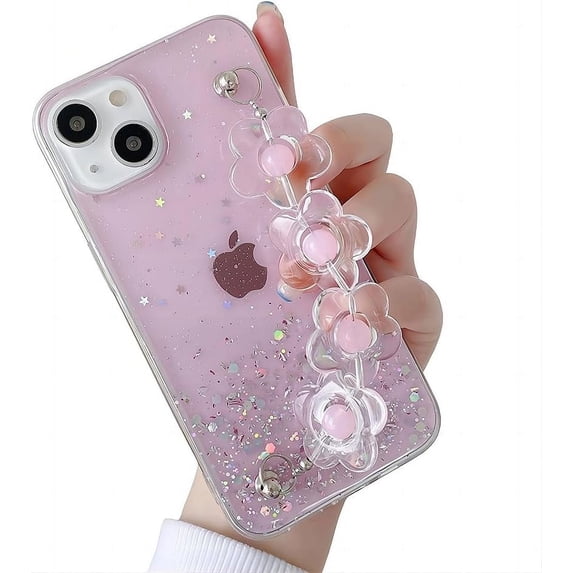 for iPhone Case,Luxury Crystal Glitter Sparkle Sparkly with Floral Hand Bracelet Soft Shockproof Phone Case (Pink,iPhone 15 Plus)