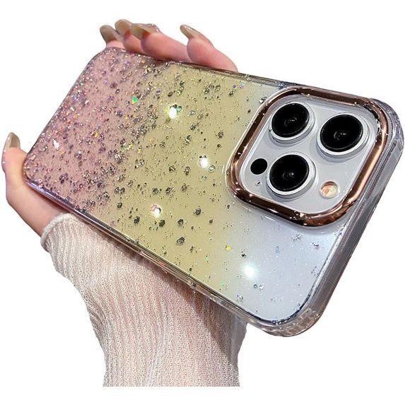 for iPhone Case,Luxury Crystal Sparkle Sparkly Gradient Camera Lens Protection Soft Shockproof Phone Case (Gold,iPhone 15 Pro Max)