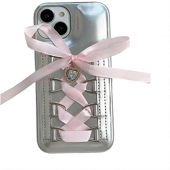 for iPhone Case,Luxury ElectroPlated Bow with Crystal Diamend Rhinestone Glitter Love Heart Shockproof Phone Case (Pink,iPhone 14)