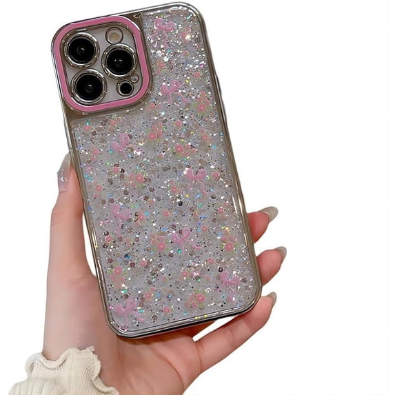 for iPhone Case,Luxury ElectroPlated Frame Clitter Sparkly Flower Bow Pattern Clear Soft Shockproof Phone Case (Pink,iPhone 12 Pro Max)