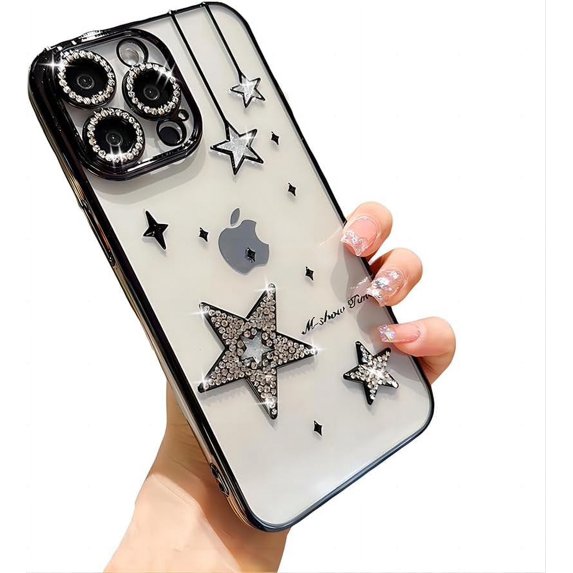 for iPhone Case,Luxury ElectroPlated Frame Glitter Sparkle Sparkly Star Pattern Camera Lens Protection Soft Shockproof Phone Case (Black,iPhone 11)