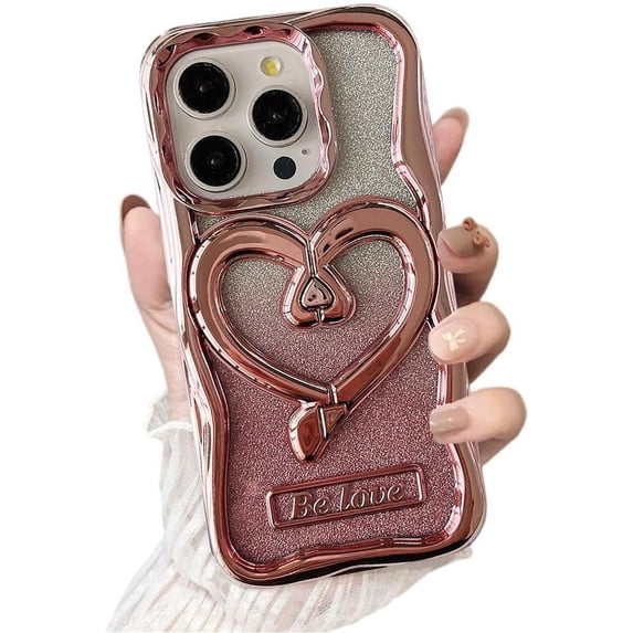 for iPhone Case,Luxury ElectroPlated Frame Hollow Love Heart Kickstand Shockproof Phone Case (Rose Gold,iPhone 14 Pro Max)