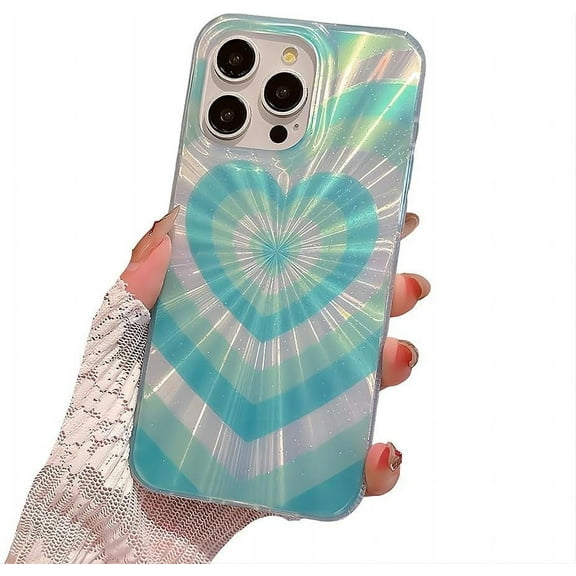 for iPhone Case,Luxury ElectroPlated Glitter Bling Sparkly Aurora Love Heart Pattern Shockproof Phone Case (Green,iPhone 12)