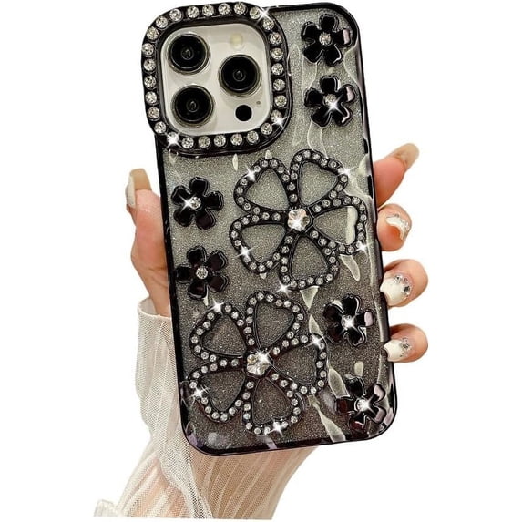 for iPhone Case,Luxury ElectroPlated Glitter Sparkle Sparkly Bling Hollow Flower Soft Shockproof Phone Case (Black,iPhone 13 Pro)