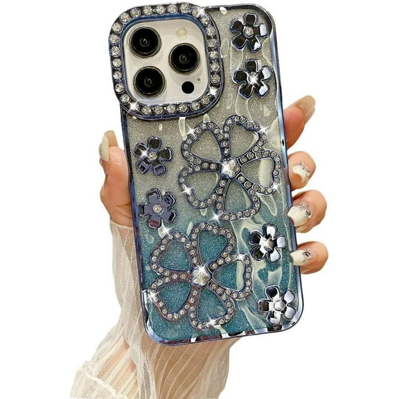 for iPhone Case,Luxury ElectroPlated Glitter Sparkle Sparkly Bling Hollow Flower Soft Shockproof Phone Case (Blue,iPhone 13 Pro)