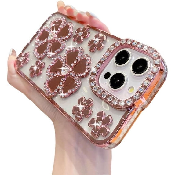 for iPhone Case,Luxury ElectroPlated Glitter Sparkle Sparkly Bling Rhinostone Flower Pattern Soft Shockproof Phone Case (Rose Gold,iPhone 13 Pro)