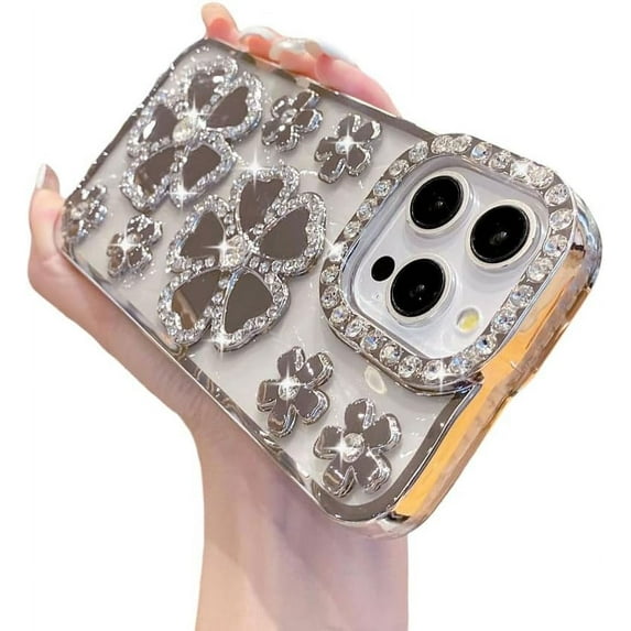 for iPhone Case,Luxury ElectroPlated Glitter Sparkle Sparkly Bling Rhinostone Flower Pattern Soft Shockproof Phone Case (Silver,iPhone 13)