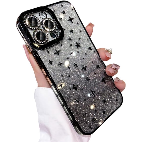 for iPhone Case,Luxury ElectroPlated Glitter Sparkle Sparkly Star Pattern Clear Camera Lens Protection Soft Shockproof Phone Case (Black,iPhone 13)