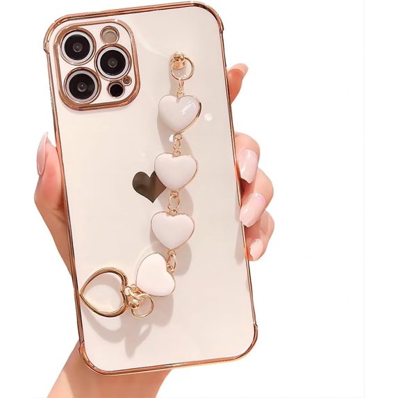 for iPhone Case,Luxury ElectroPlated Love Heart Side Print with Hand Bracelet Camera Lens Protection Soft Shockproof Phone Case (White,iPhone 12 Pro)