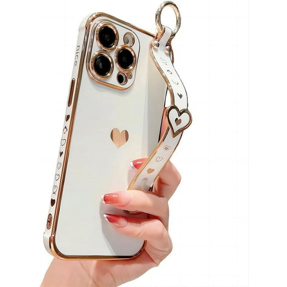for iPhone Case,Luxury ElectroPlated Side Print Love Heart Pattern with Hand Bracelet Camera Lens Protection Shockproof Phone Case (White,iPhone 14)