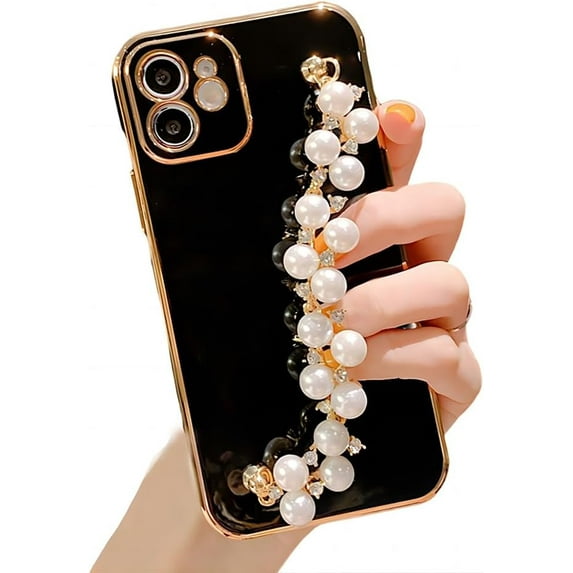 for iPhone Case,Luxury ElectroPlated Smooth with Pearl Hand Bracelet Bumper Camera Lens Protection Soft Shockproof Phone Case (Black,iPhone 14)
