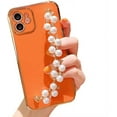 thumbnail image 1 of for iPhone Case,Luxury ElectroPlated Smooth with Pearl Hand Bracelet Bumper Camera Lens Protection Soft Shockproof Phone Case (Orange,iPhone 14), 1 of 6