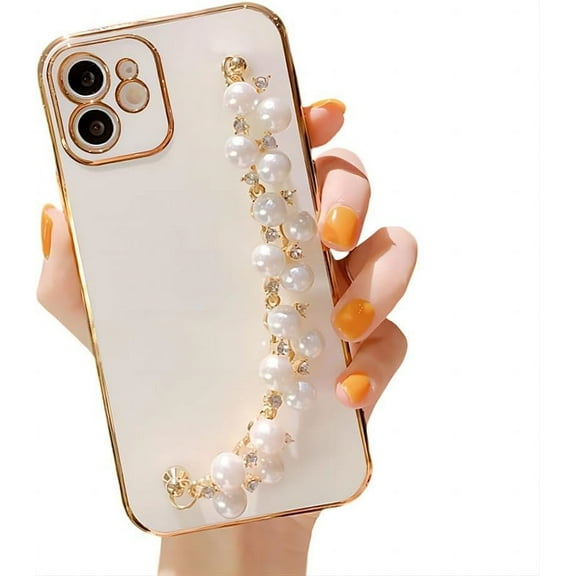 for iPhone Case,Luxury ElectroPlated Smooth with Pearl Hand Bracelet Bumper Camera Lens Protection Soft Shockproof Phone Case (White,iPhone 11)