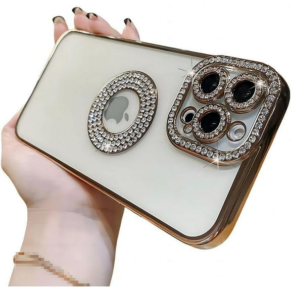 for iPhone Case,Luxury Glitter Bling Sparkle Sparkly Diamond Rhinestone Bumper Camera Lens Protection Soft Shockproof Phone Case (Gold,iPhone 12 Pro)